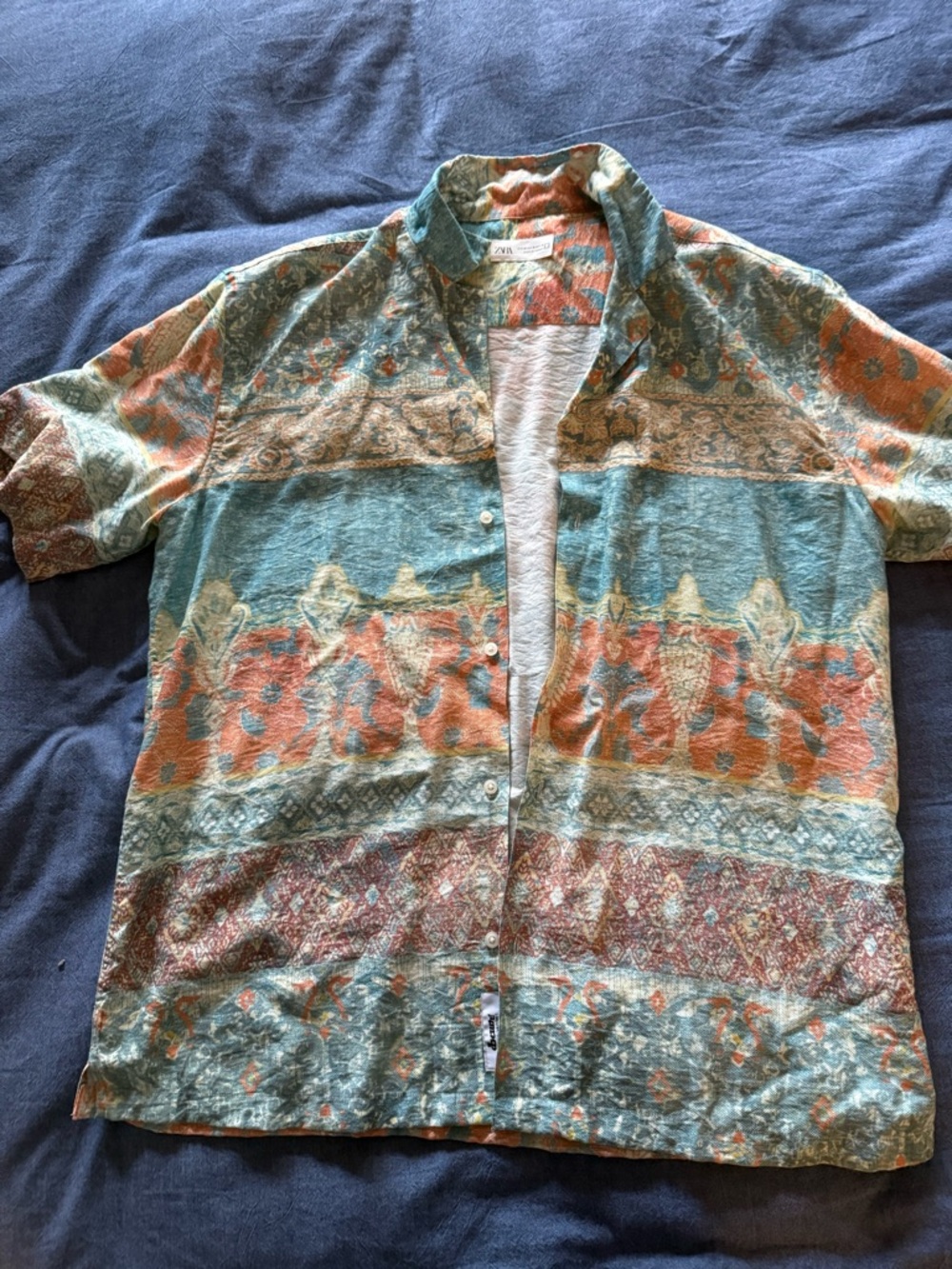 Zara Teal and Rust Short Sleeve Button-Up Shirt